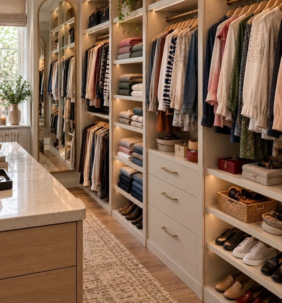 Organised walk-in wardrobe with hanging rails, folded knitwear and shoe shelves